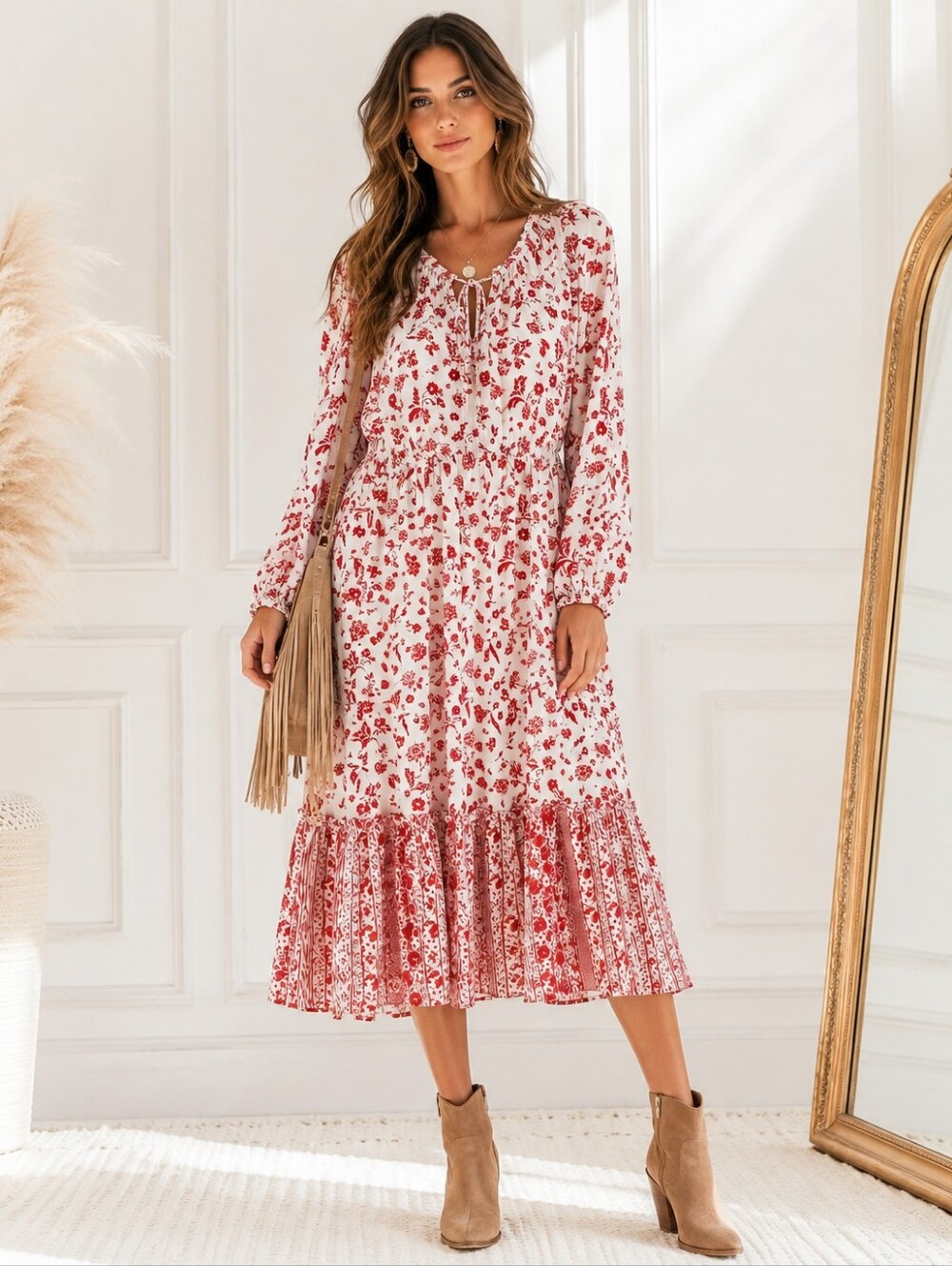 Grace Atwood x The Drop Floral Boho Maxi Dress XXL White Red Long Sleeve - Picture 1 of 8